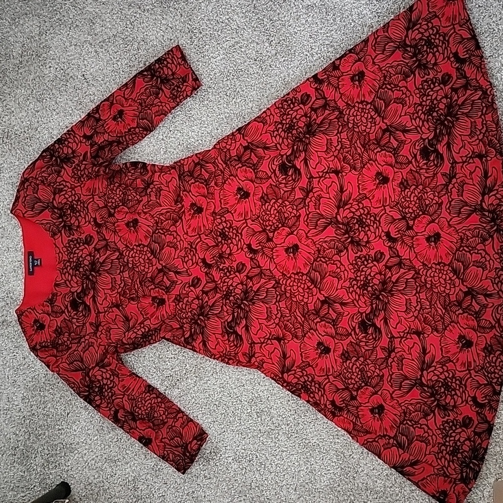 Lands End Red Black Raised Velvet Floral Dress Small/Tall Fit and Flare